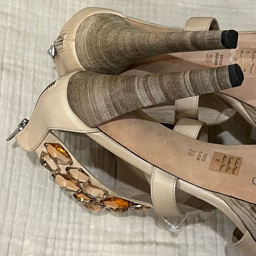 Jean-Michel Cazabat Crystal‎ Embellished Platform Leather High Heels Nude Sz 7.5